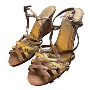 Predictions Brown Gold Wedge Heel Open Toe Sandal Sz 5